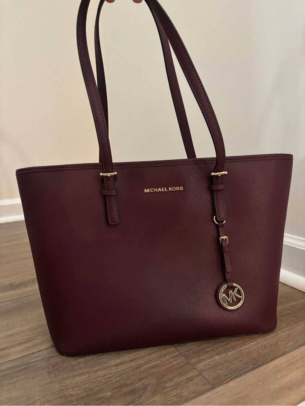 Michael Kors Burgundy Saffiano Leather Tote with Gold Hardware